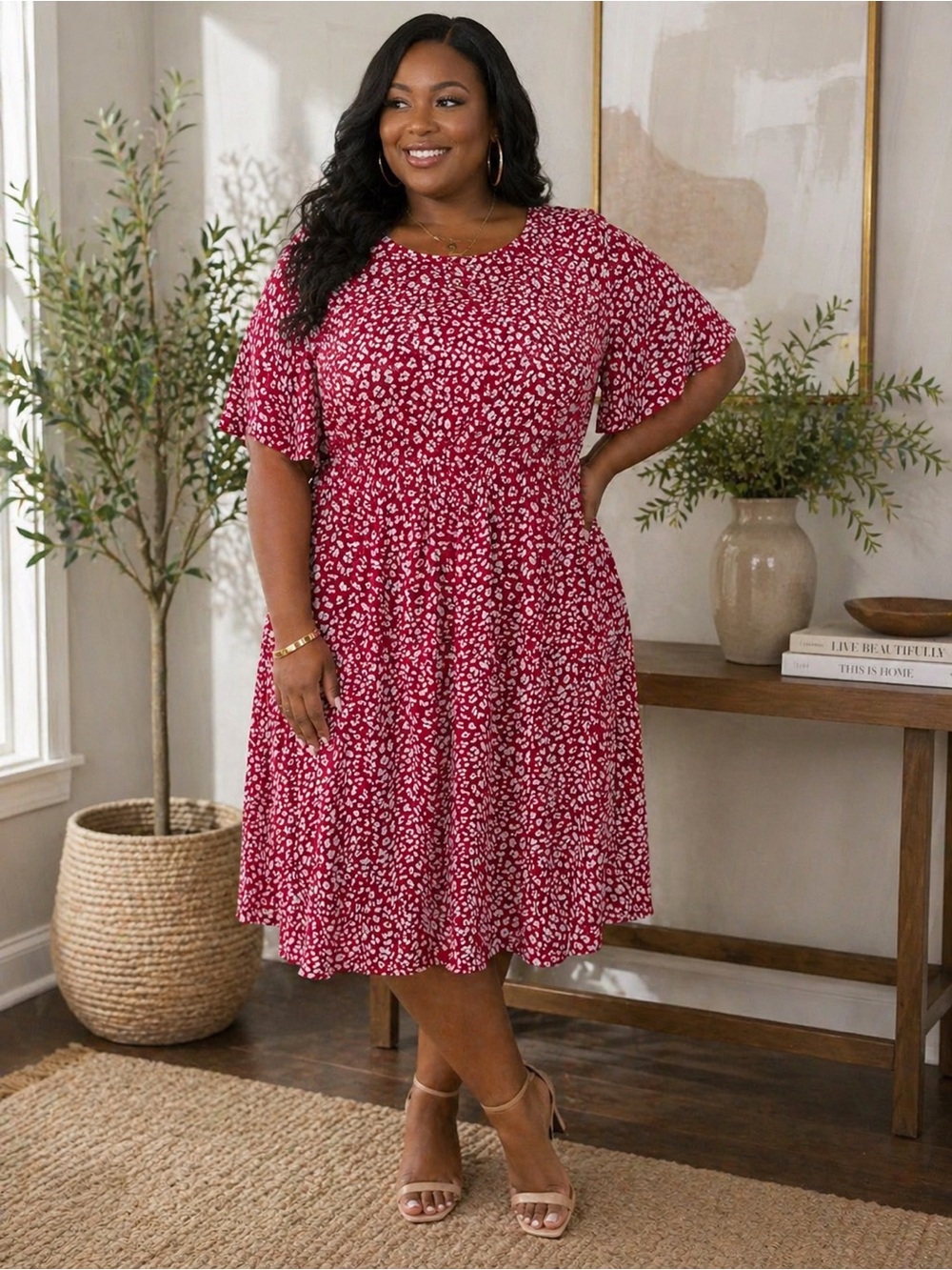 Plus Size Red Floral Swing Dress - Short Sleeve